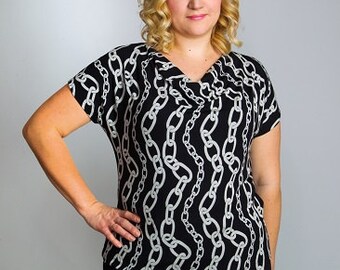 Handmade black jersey top, cowl neckline, chain pattern, womens clothing, plus size