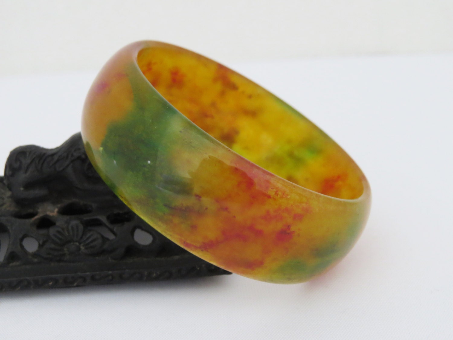 Vintage Natural Green Red Yellow Jade Jadeite Wide Bangle