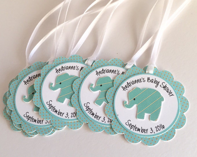 12 Turquoise and Gold with Baby Elephant. personalized Favor Tags, Baby Showers, New Arrival or First Birhday Parties