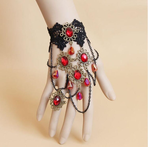 Vintage Gothic Lace Ruby Bracelet Ring Sets Wedding