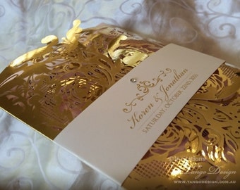 Gold foil wedding invitation Laser cut Wedding card 50 LASERCUT invitations. Lace gold wedding invites Luxury metallic sparkly wedding cards