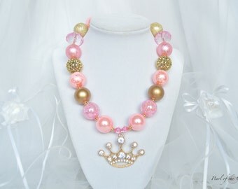 Princess crown pink gold chunky statement necklace baby toddler girl adult women flower girl birthday smash cake bubblegum gift photo prop