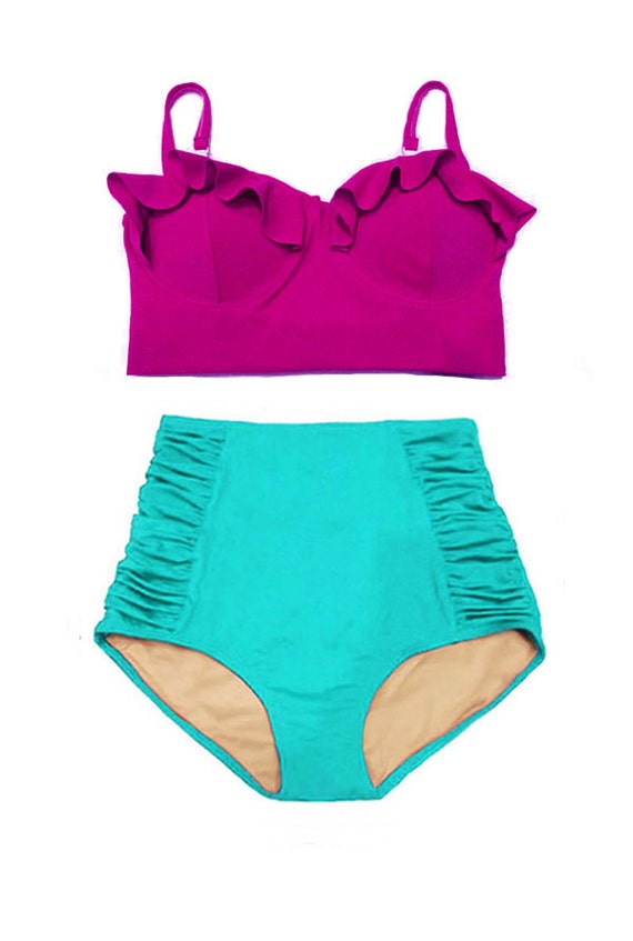 Maroon Wine Midkini Top and Mint Ruched High waist waisted