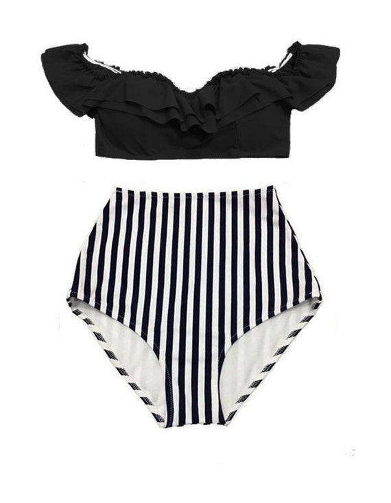 Black Off The Shoulder Top and Striped Stripes High waisted