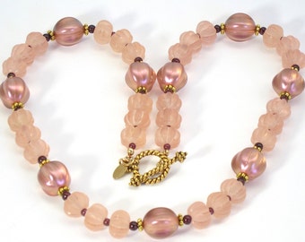 Pink glass and lucite necklace, pink and garnets, red and pink, pink necklace, pink jewelry, lucite jewelry, glass necklace, glass jewelry