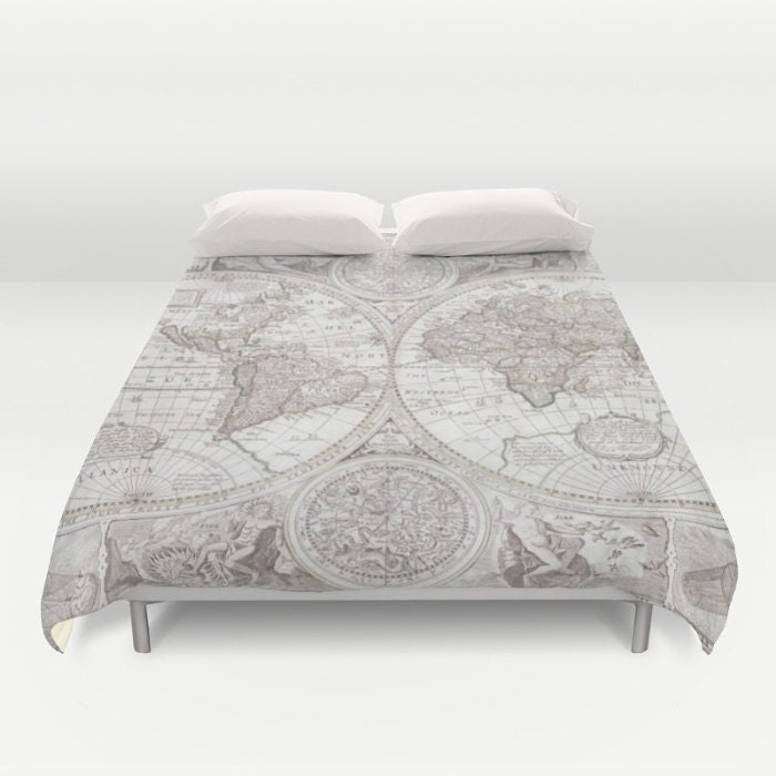 Map Duvet Cover World Map Duvet Cover Bed Bedroom Travel Decor Cozy Soft Gray Grey Winter Warm Wander