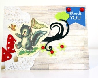 THANK YOU CARD - Unique Handmade Card - Cute Handmade Card - Retro Card, Greeting Card, Thanks Card, Blank Card, Greetings Card, ooak Card