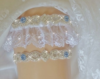 French Lace Wedding Garter Set, Bridal Garter, White or Ivory, Something Blue Garter Set, Keepsake and Toss, Rhinestone Garter Lingerie