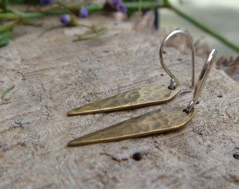 Hammered brass and sterling silver geometric earrings // mixed metal // triangle