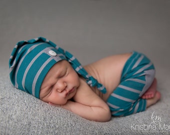 Newborn Boy Pants and Hat Set - The "Easton" teal and grey newborn outfit, baby boy, stripes, newborn photo prop