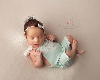 Newborn Girl Romper- "Grace" mint green newborn romper with matching headband, baby girl, polka dots, overalls, newborn outfit, photo prop