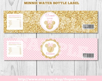 Pink and Gold Minnie Mouse Water Bottle labels, Minnie party decorations Gold Glitter, Polka Dot invite, Girl, Printable Invitation