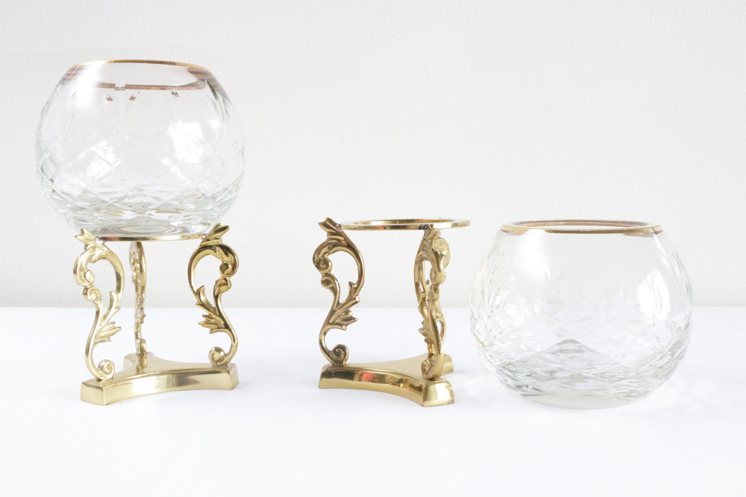 Vintage Candle Holders Crystal Bowl With Brass Stands Set Of
