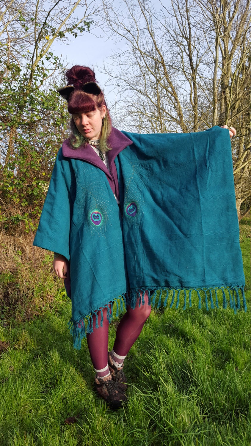 Embroidered Peacock Feather Cloak Fleece Lined.