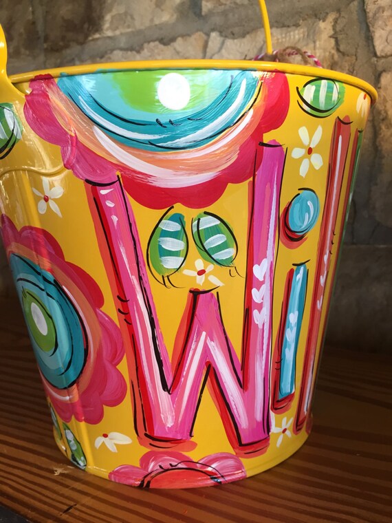 Personalized Yellow Bucket. Hand Painted Metal Pail Painted