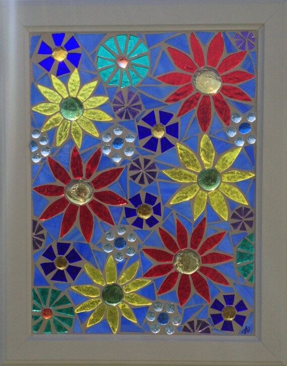 Daisy Stained Glass Mosaic Panel Colorful by NiagaraGlassMosaics