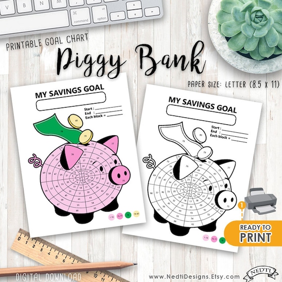 Download PRINTABLE Goal Tracker Money Savings Coloring Piggy Bank
