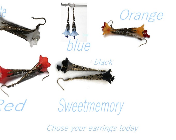 flower earrings, lucite flower earrings, drop earrings, handmade earrings, trumpet flower earrings, braidsmade earrings, filgree earrings