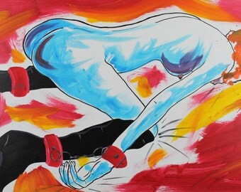 Bondage Femme sur les genoux. Original Acrylic Painting on Canvas by Eric Lafoy