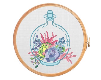 Succulents in a spherical pot - modern cross stitch pattern - colorful succulent bulk succulent flowers pot