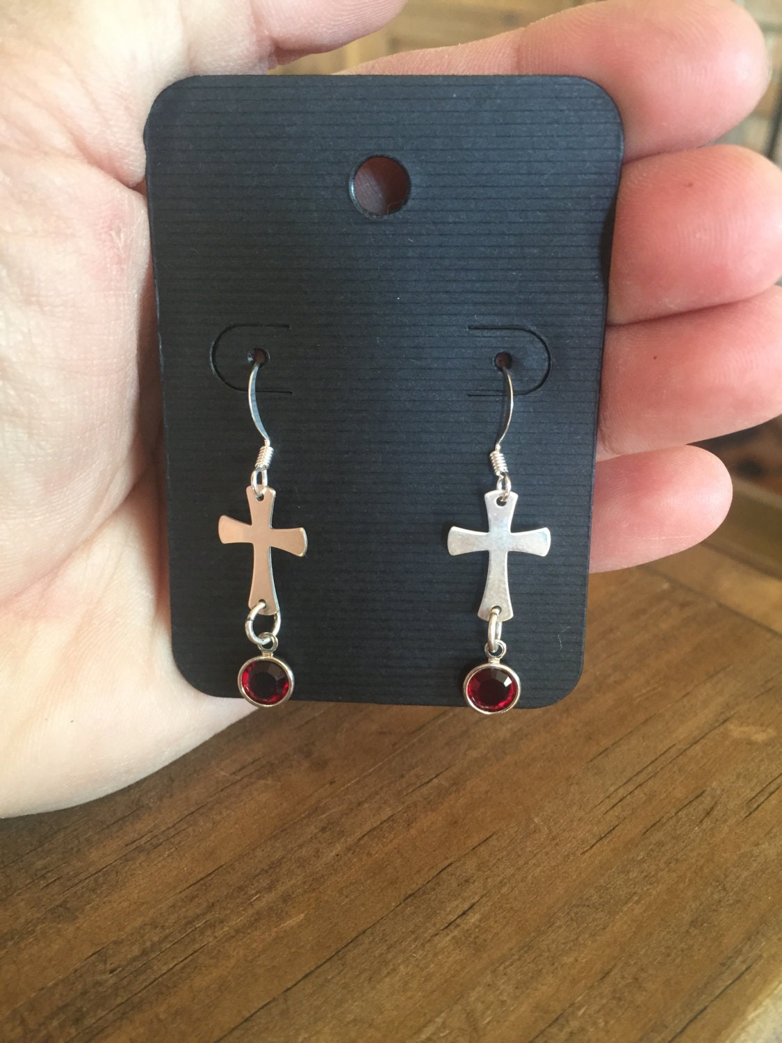 Silver Cross Birthstone Charm Earrings Religious Wire Wrapped