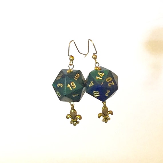 Blue Green w/gold d20 Dice Handmade Earrings by ZombieKittenDesign
