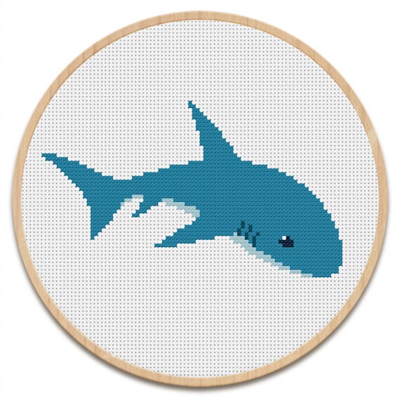 Instant download. Cross stitch pattern. Blue shark. PDF chart.