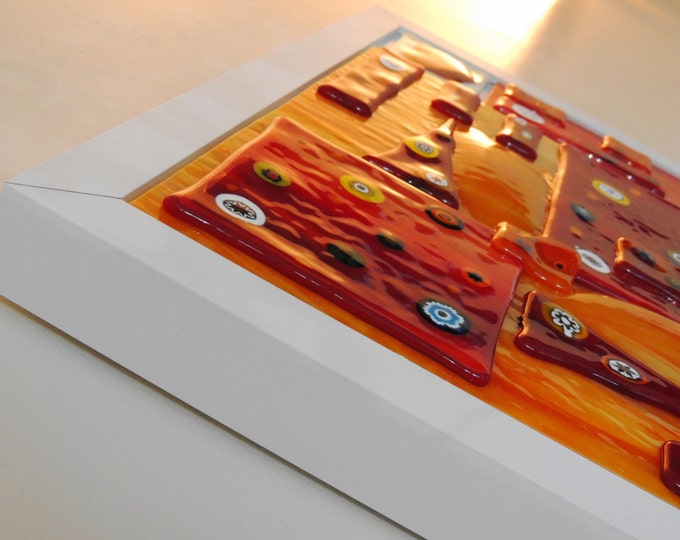 Fused glass wall art. Unique abstract hanging artwork panel. Home decor. Gifts for her him. Red and orange handcrafted ornament. Giftware.