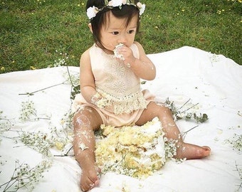 Boho Baby Romper Play Suit, blush cotton and macrame trim - 3-6m, 6-12m, 12-18m, 24m, 2/3T, 4/5T