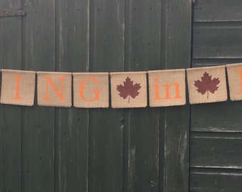 Autumn fall FALLING in LOVE burlap banner, with LEAF detail. Handmade with love.