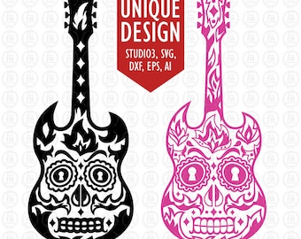 Sugar skull & tribal 2 designs guitar SVG, DXF, studio3, eps, ai files download for cricut, silhouette cameo, other machine, vinyl, decals