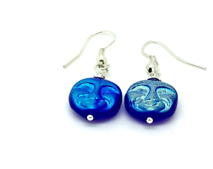 Blue Face earrings, Moon face earrings, blue earrings, moon face dangle, Iridescent moon face earrings, Two-sided blue earrings
