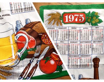 Vintage 1975 calender tea towel German food and Calender wall decor cotton printed beer and Braten wurst Bavaria
