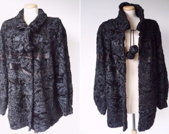 Manteau Long En Fourrure De Chèvre Véritable - Taille Large - Noir - Occasion Excellent état