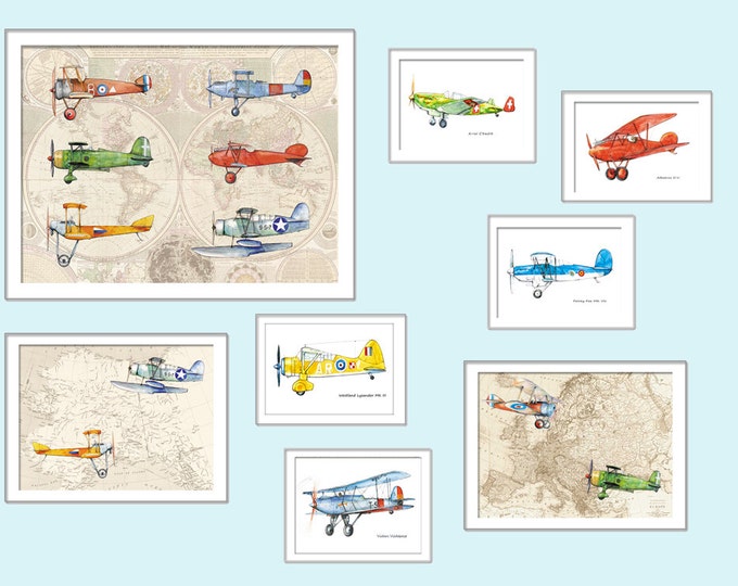 Airplane nursery decor Set 8 various prints Old worlds map decor Military airplanes Retro airplane art Boys nursery wall art