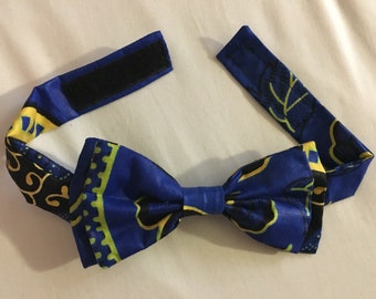 Noeud Papillon double en tissu africain wax imprimé motifs liberty scratch bleu ethnique original fantaisie