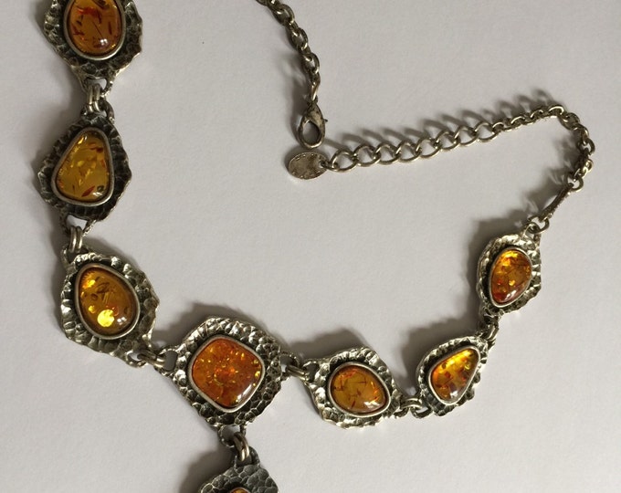 Vintage Artisan Baltic Amber and Sterling Silver Necklace with Eight Amber Cabochons-OOAK