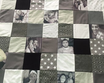 Personalized Memory Photo Quilt, Wedding Anniversary Gift, Gray Photo Quilt, Photo Keepsake Gift, King Queen Size Quilt, Stars Pattern Quilt