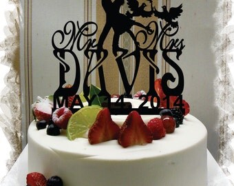 Silhouette Mr and Mrs Monogram Cake Topper With Your Family Name and Wedding Date - Handmade Custom Wedding Dove Cake Topper