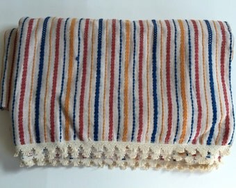 Wool Linen BED Spread Blanket Woven Red Blue Yellow Stripes 104 x 90"