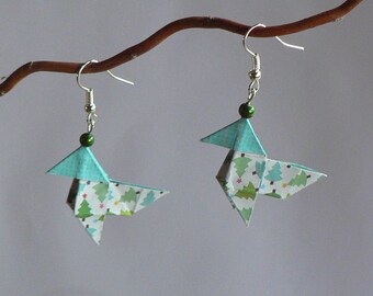 Boucles d'oreilles Origami Cocottes Papier Sapin de Noël.