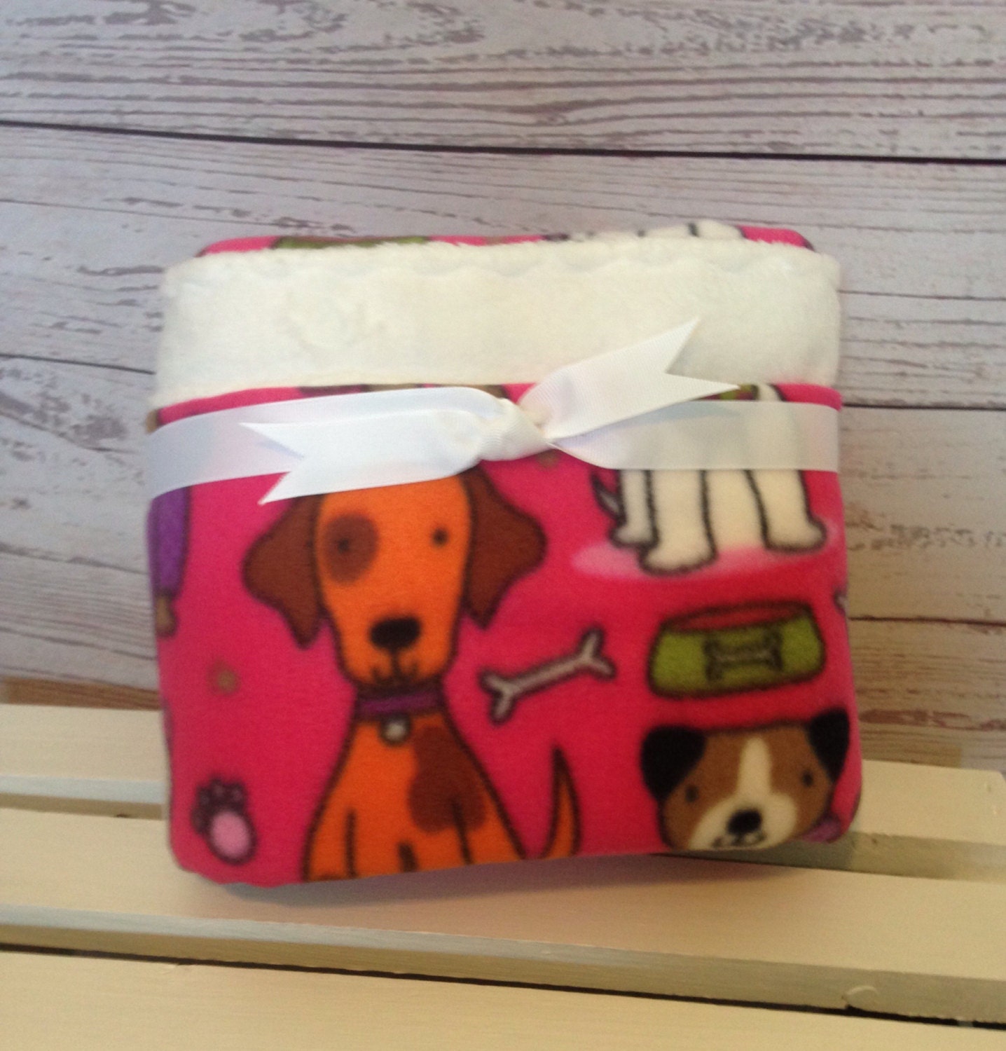 Pet Blanket Pink and White Fleece by DarlenesNeedlesnPins on Etsy