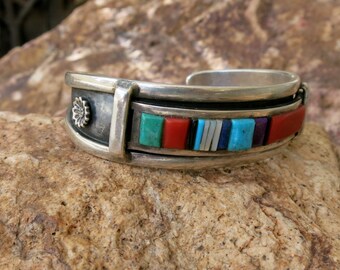 CORAL & TURQUOISE BRACELET, Vintage, Channel Inlay, Signed, Stamped "Sterling"