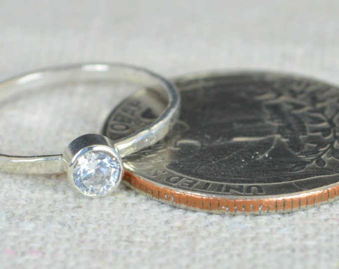 Small CZ Diamond Ring, Hammered Silver, Stackable Rings, Mother's Ring, April Birthstone Ring, Skinny Ring, Mothers Ring, Silver