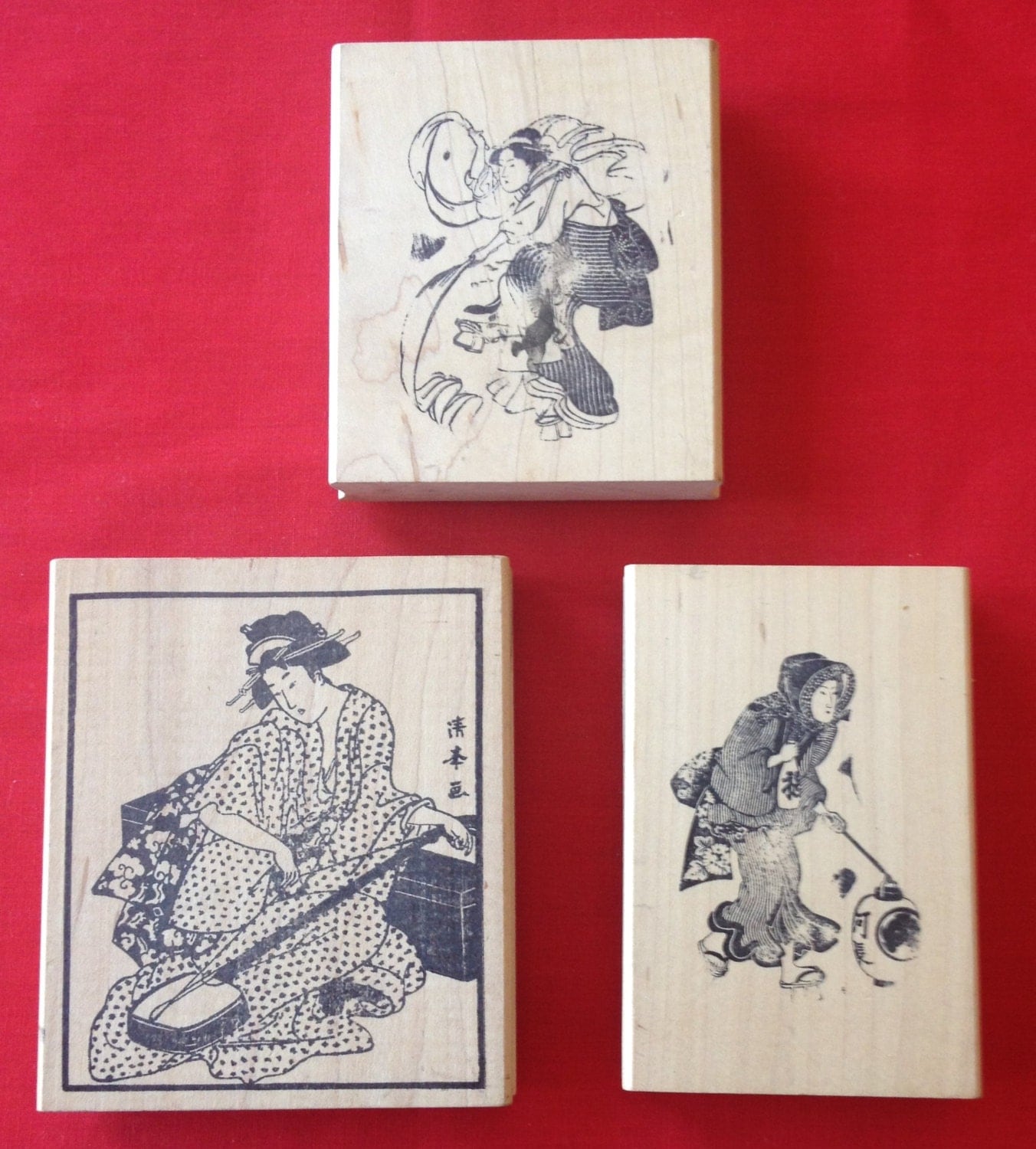 Japanese Lady rubber stamps 1 large & 2 medium wood mounted stamps