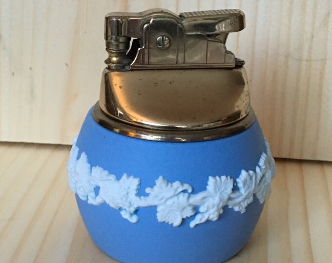 Storewide 25% Off SALE Vintage Wedgewood Blue Jasper Hostess Table Lighter With Raised Grapevine Design Featuring Original Flame Crest Light