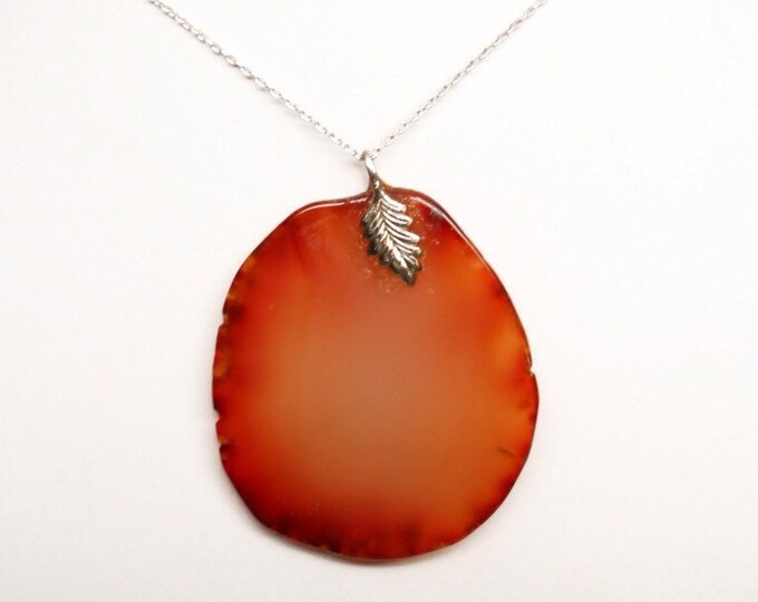 Storewide 25% Off SALE Vintage Sterling Silver Fire Sunset Agate Pendant With Sterling Silver Necklace Featuring Mesmerizing Oval Design & T