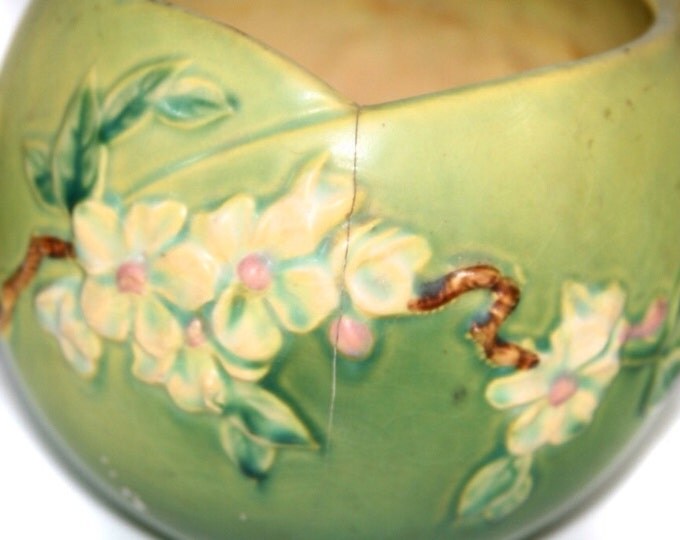 Storewide 25% Off SALE Antique Double Handled Floral Accented Roseville Pottery Decorative Vase Featuring Bamboo Style Handles
