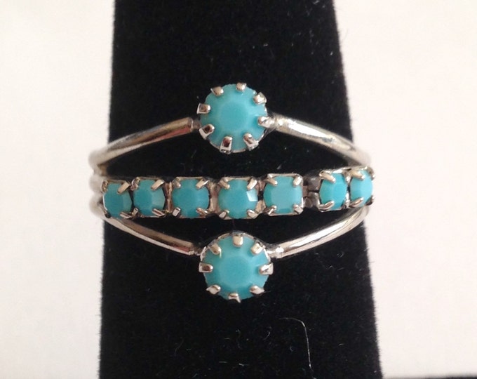 Storewide 25% Off SALE Vintage Silver Tone Baby Blue Faux Turquoise Designer Cocktail Ring Featuring Unique Square Cut Artistic Design With