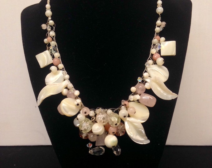 Storewide 25% Off SALE Vintage Silver Tone Mother Of Pearl Eclectic Designer Necklace Featuring Assorted Rose & Clear Crystal Beaded Accents